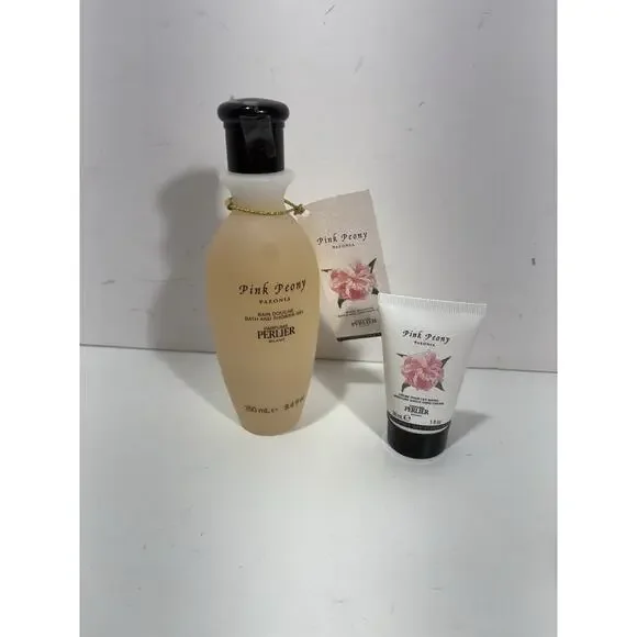 Perlier Pink Peony Gift Set Cosmetic Bag Hand Cream, Shower Gel 8.5oz Candle Etc
